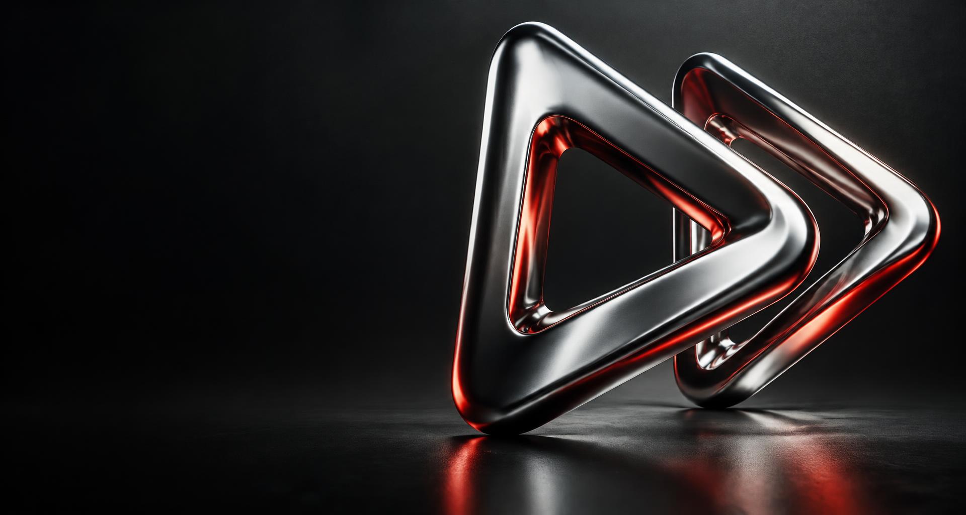 Sculptural chrome play symbols with vivid red reflections